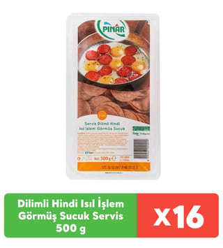 Pınar Dilimli Hindi Isıl İşlem Görmüş Sucuk Servis 500 g x 16 Adet