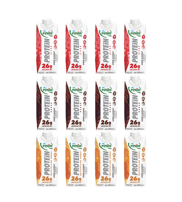 Pınar Protein Süt Karışık Çilek,Kakao,Yer Fıstık ve Muz 500 ml x 12 Adet 